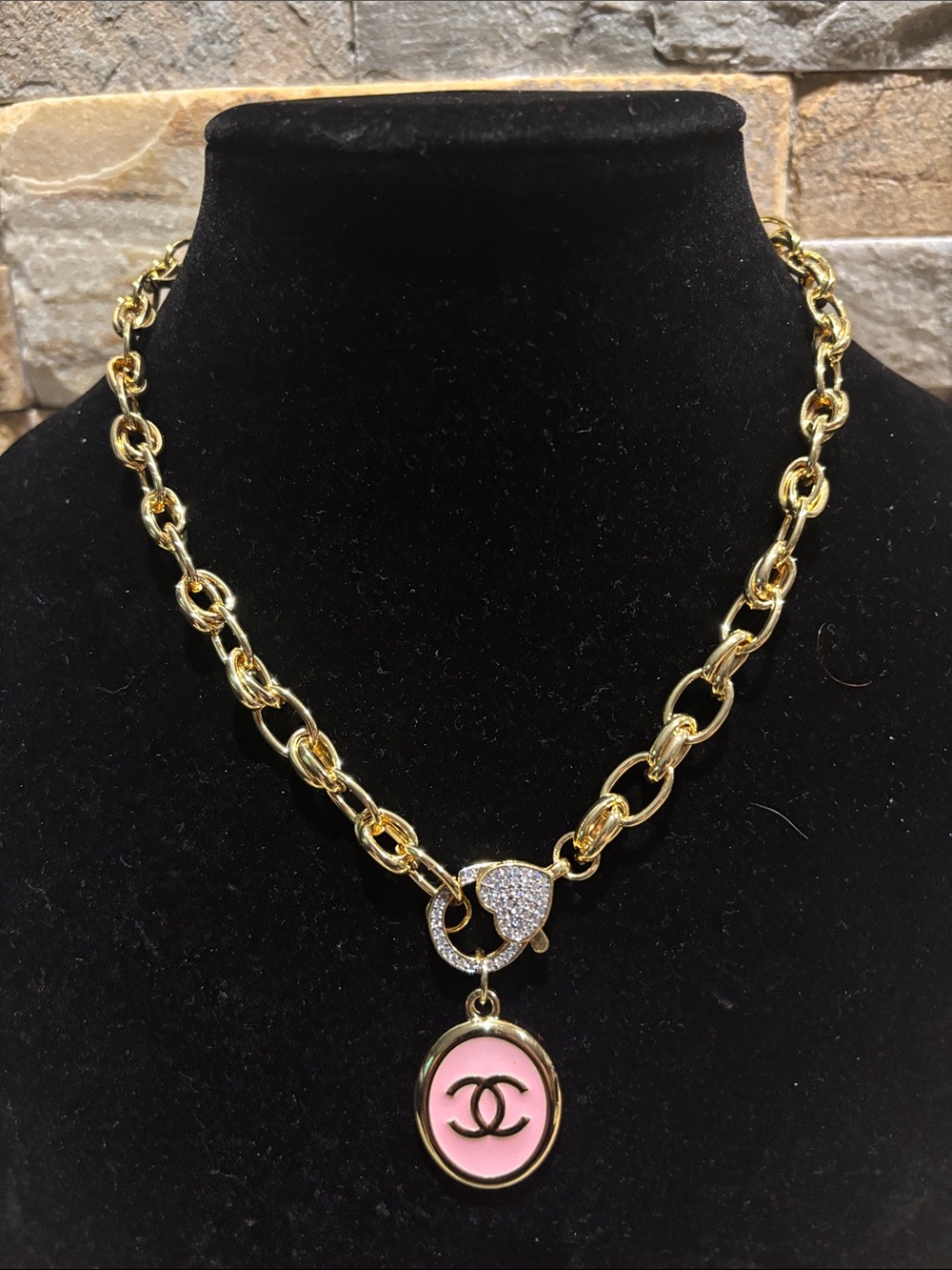 Gold Chain Necklace with Pink Enamel CC Pendant